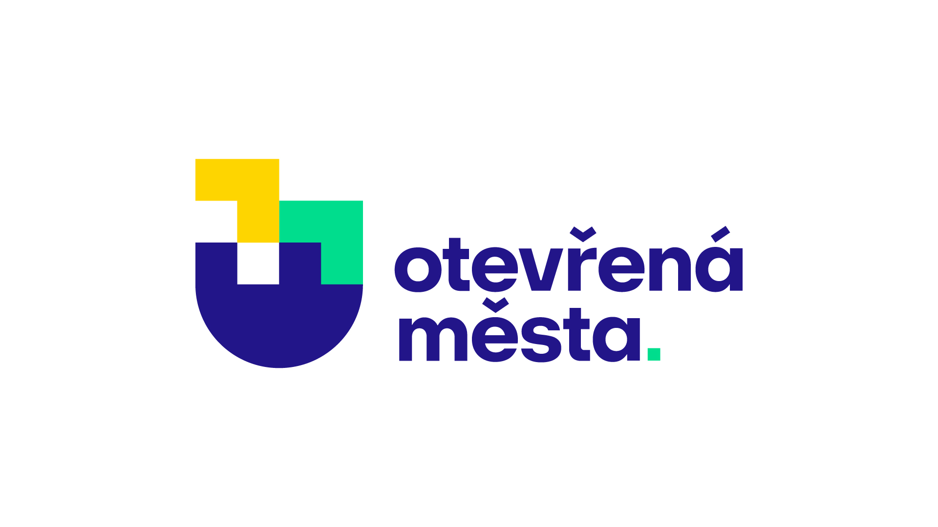 To the left, a dark blue/yellow/green logo composed of puzzle-like pieces. To the right, the text reads "Otevřená města."