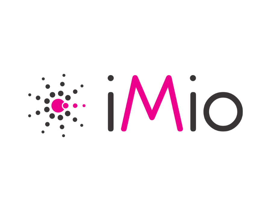 To the left, an icon with nine dotted springs and a pink circle in the middle. To the right, the black text reads "iMio," with the letter "i" in bright pink.  