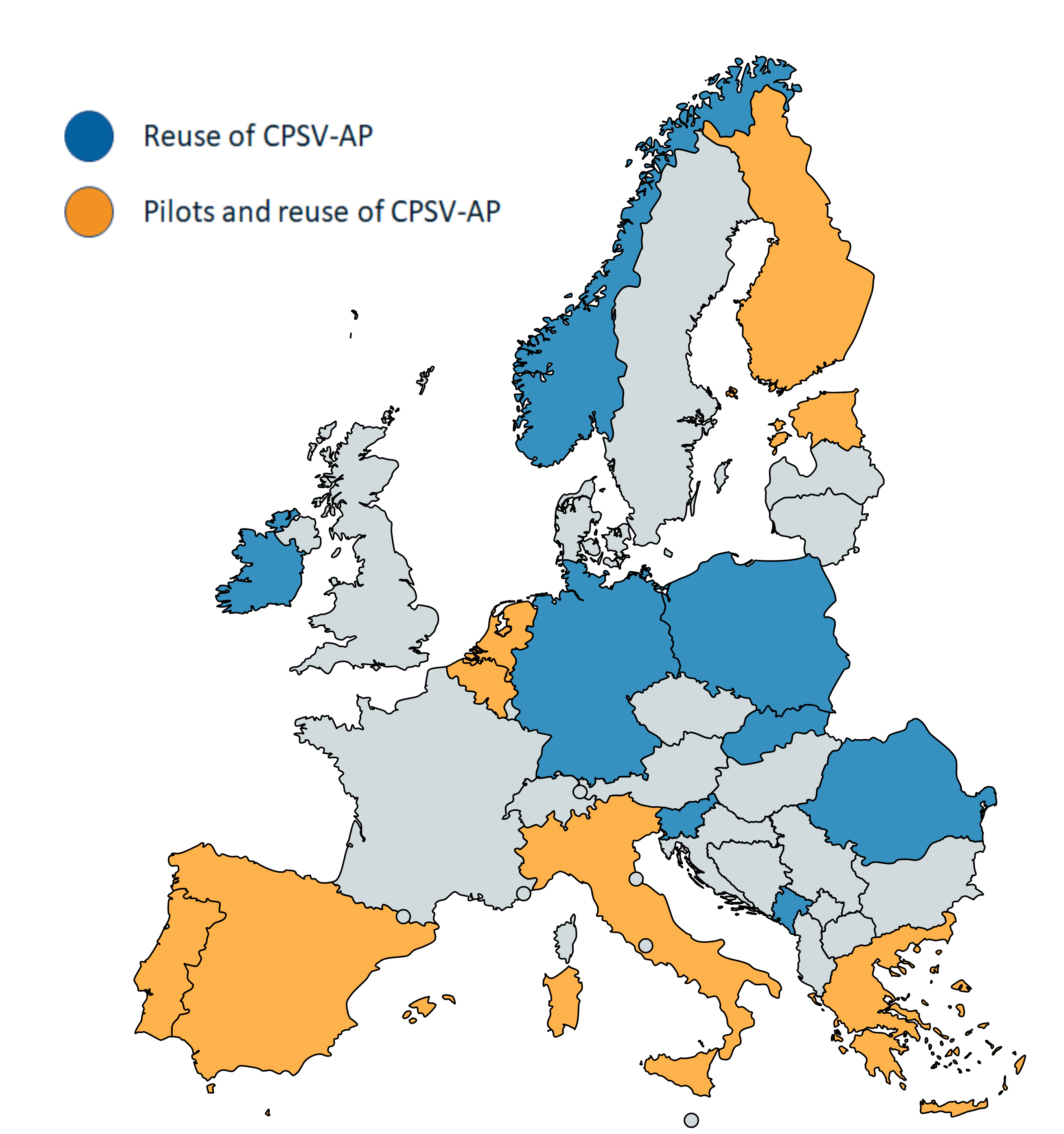 Map of Europe displaying the reuse and piloting activities of CPSV-AP