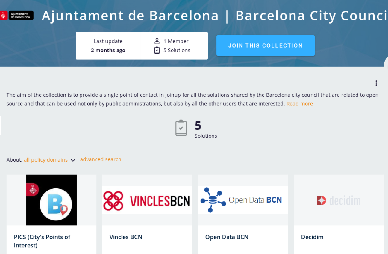 Screenshot of the Barcelona collection on Joinup