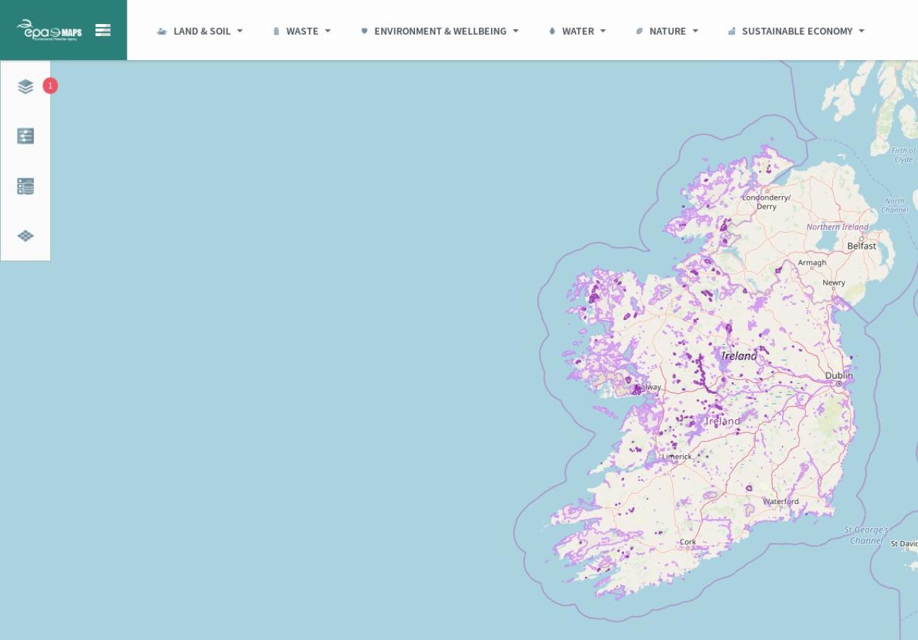Ireland’s environmental protection agency (EPA) online maps service, with natural heritage areas selected as the active layer.