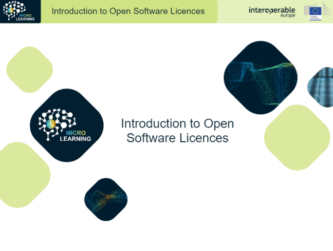 Screenshot of the start page of the course. At the top of the image, the logos of the Interoperable Europe Academy and the EU's Interoperable Europe initative are displayed against a light green background. In the centre of the image, the text reads "Introduction to Open Software Licences". 