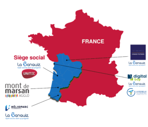 A map of France (in red) showing the Nouvelle-Aquitaine region in blue. There are lines that link this region to companies and projects, as examples.