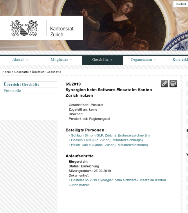 This is a screenshot from the Canton website, showing a banner image, the proposal, dates and list of names of the MPs 