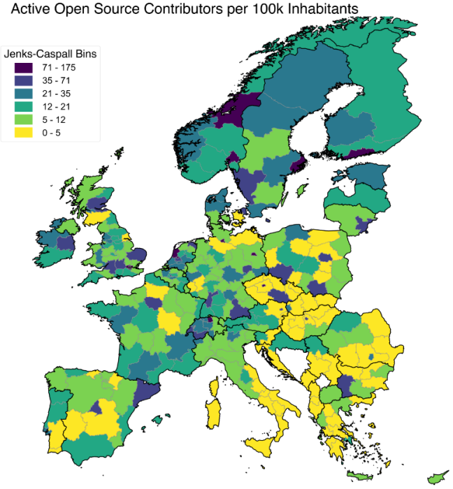 GitHub contributors per capita per region in Europe