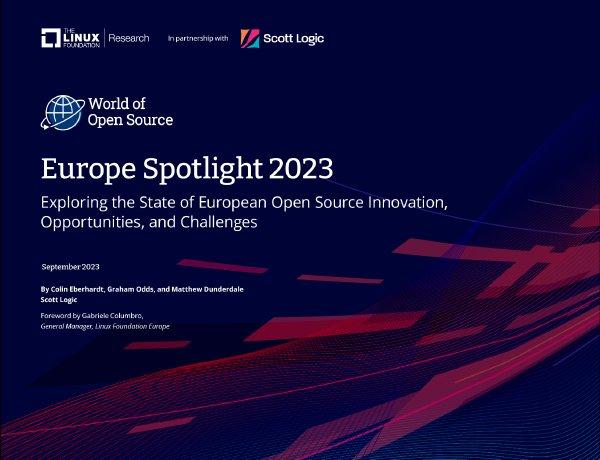 The first page of the Linux Foundation report that reads "Europe Spotlight 2023: Exploring the state of European Open Source Innovation, Challenges and Opportunities"