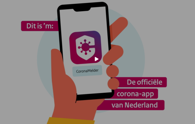 A screenshot from the Dutch Covid-19 track and trace app: drawing of a hand holding a smart phone, and some text in boxes.