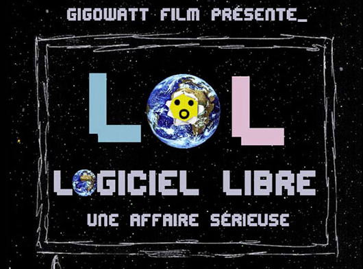 A drawing of a filmscreen showing LOL: Logiciel Libre, une affaire serieuse. It is the poster for the screening of the film