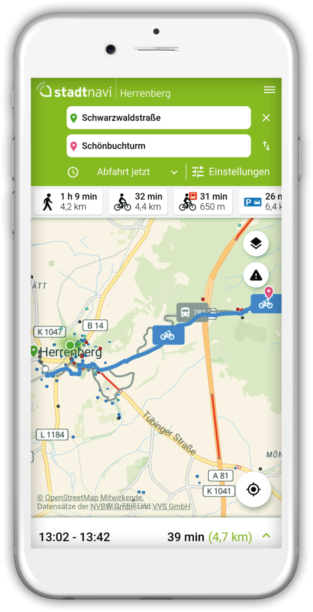 Screenshot of the stadtnavi main navigation screen