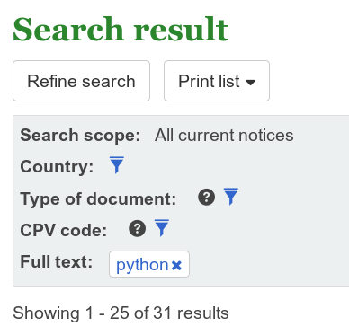 The image  - a screenshot -  shows how the query for 'python' on Ted delivered 31 results